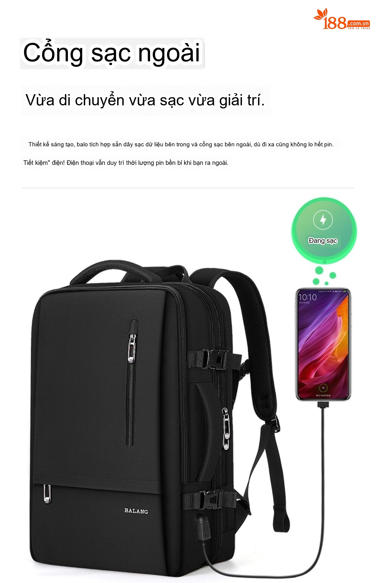 Balo Đôi Nam Đựng Laptop Đi Làm, Du Lịch Ngắn Ngày Vải Dệt Màu Đen chi tiết 12