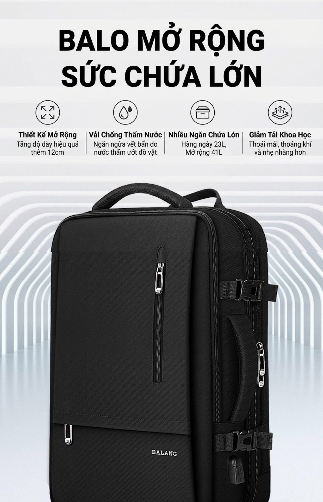 Balo Đôi Nam Đựng Laptop Đi Làm, Du Lịch Ngắn Ngày Vải Dệt Màu Đen chi tiết 21