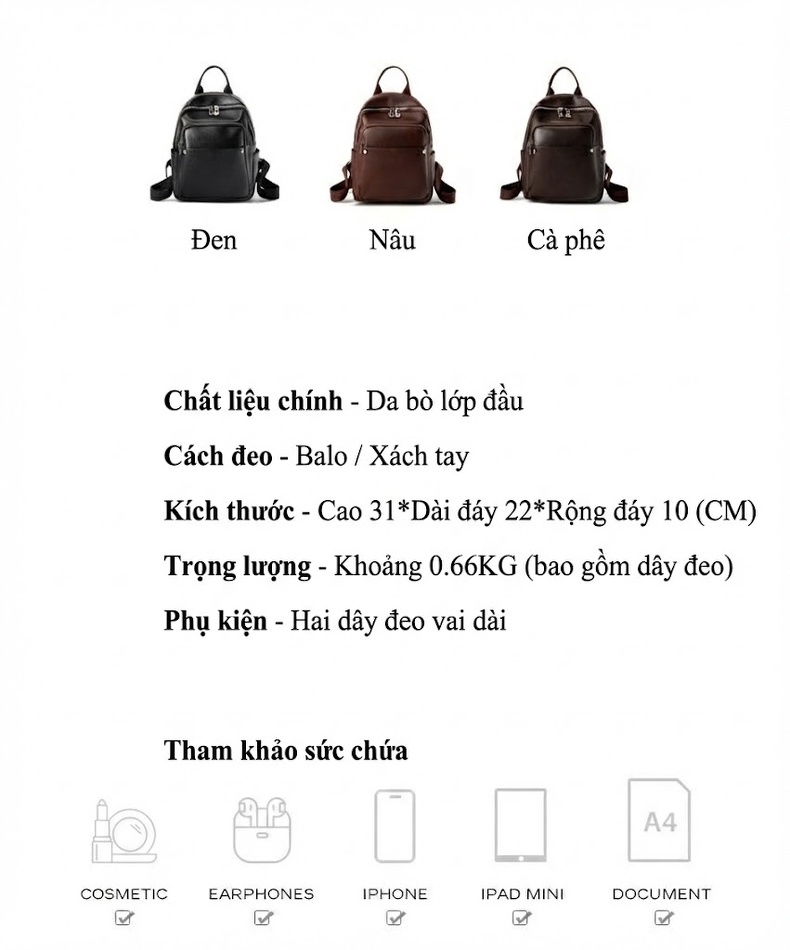 Balo Đôi Nữ Da Thật Cao Cấp Phong Cách Thời Trang Du Lịch Công Sở Màu Đen, Nâu chi tiết 2