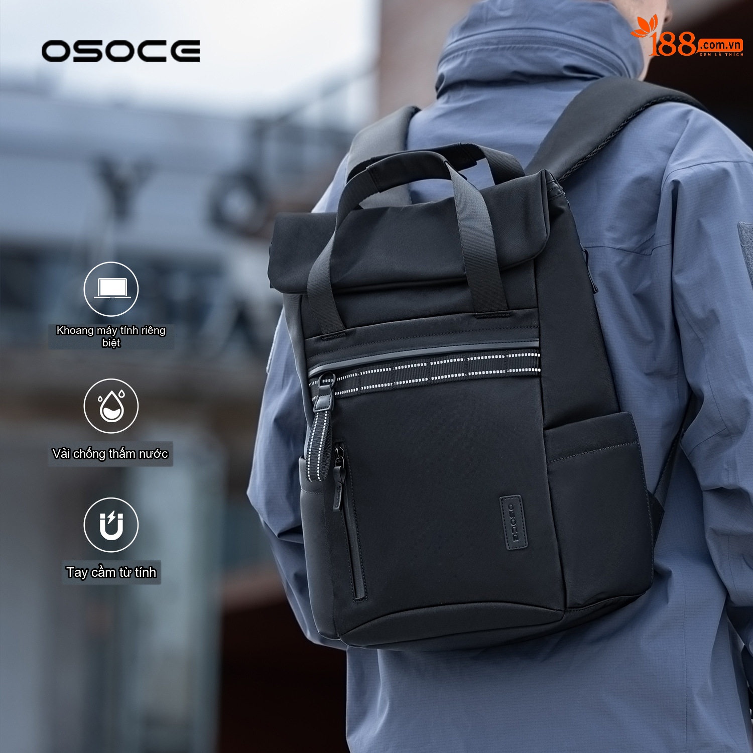 Balo Đôi OSOCE Chống Thấm Nước Laptop Công Sở Du Lịch Thường Ngày Màu Đen