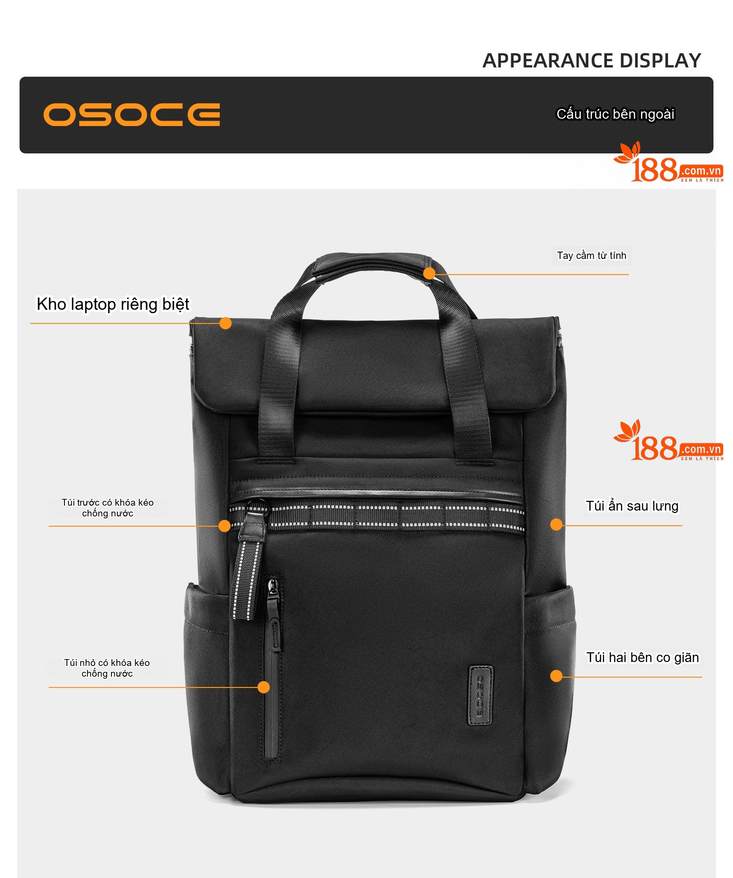 Balo Đôi OSOCE Chống Thấm Nước Laptop Công Sở Du Lịch Thường Ngày Màu Đen chi tiết 2