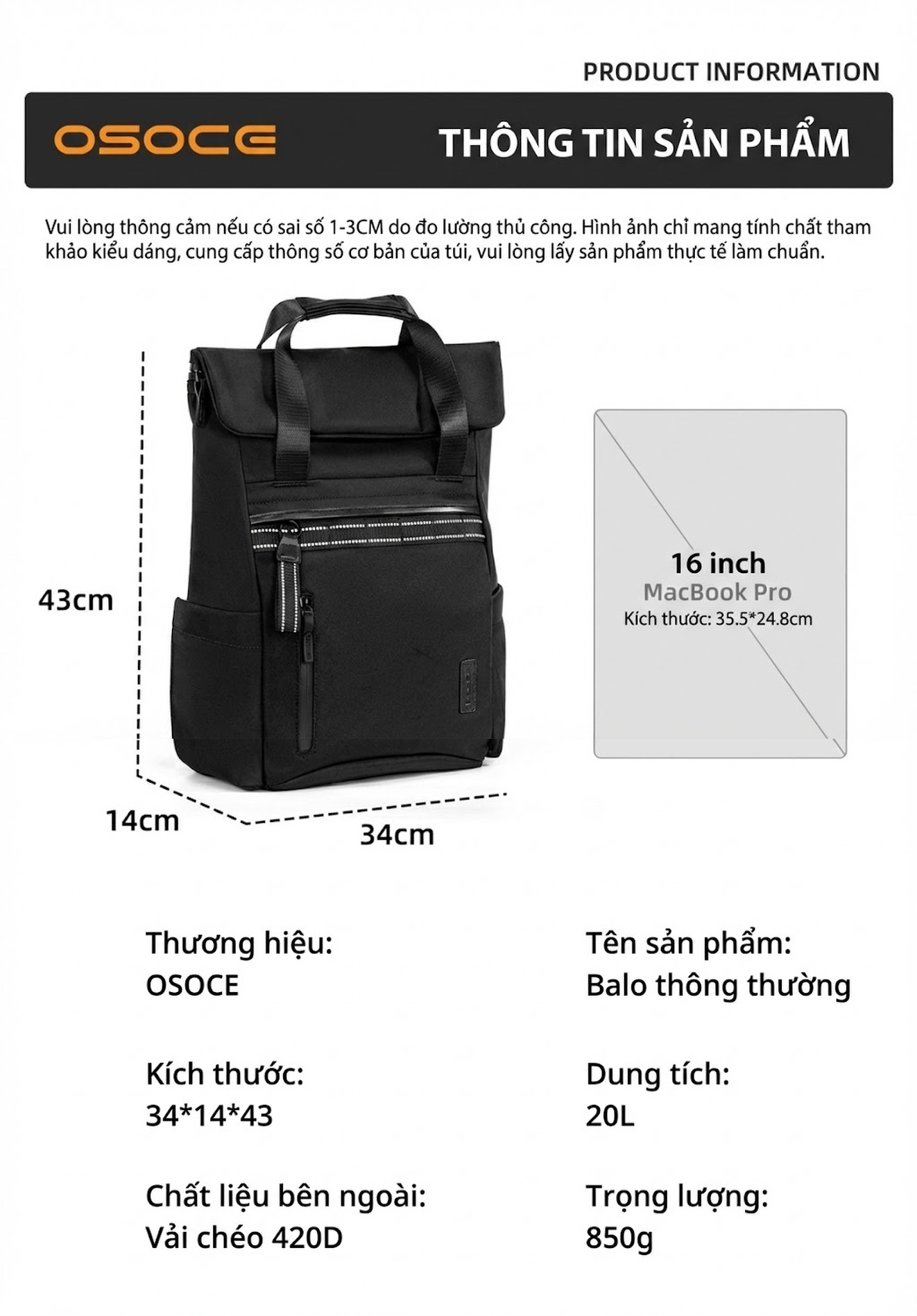 Balo Đôi OSOCE Chống Thấm Nước Laptop Công Sở Du Lịch Thường Ngày Màu Đen chi tiết 6