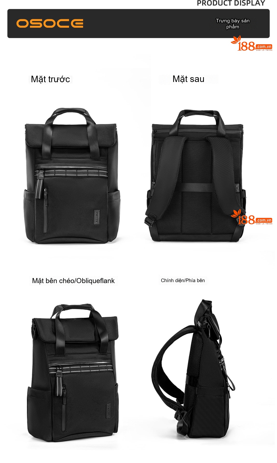 Balo Đôi OSOCE Chống Thấm Nước Laptop Công Sở Du Lịch Thường Ngày Màu Đen chi tiết 8