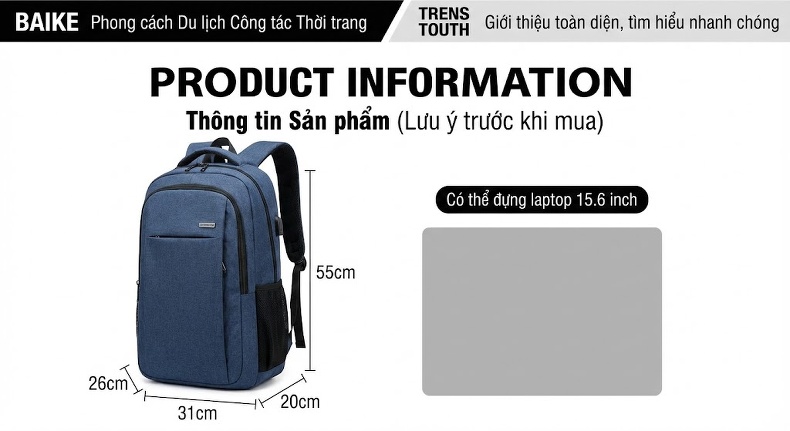 Balo Đôi Thời Trang Ngoài Trời Leo Núi Đi Học Đa Năng Dung Tích Lớn Đựng Laptop Màu Đen, Xanh Navy chi tiết 5