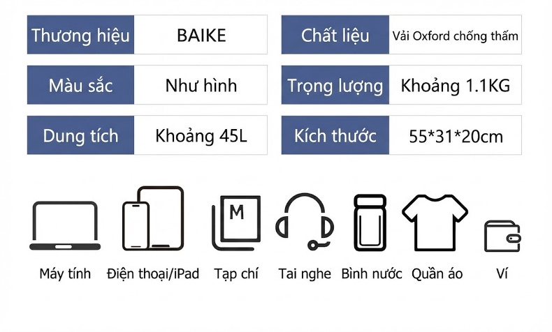 Balo Đôi Thời Trang Ngoài Trời Leo Núi Đi Học Đa Năng Dung Tích Lớn Đựng Laptop Màu Đen, Xanh Navy chi tiết 6