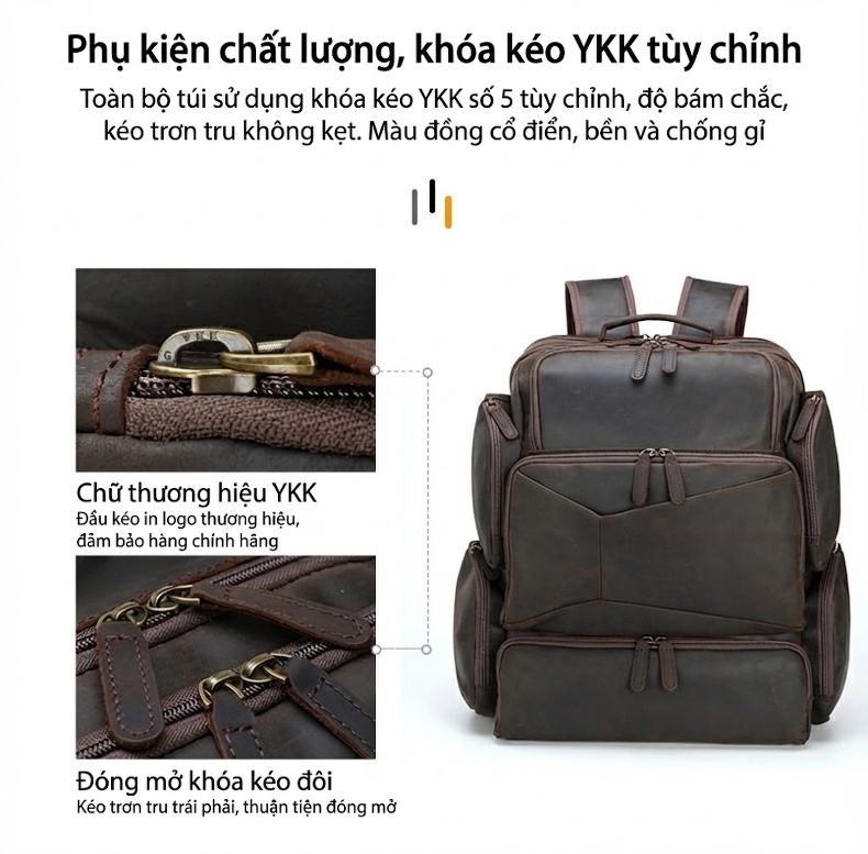 Balo Du Lịch Da Bò Vintage Đựng Laptop Dung Tích Lớn Màu Nâu, Đen chi tiết 5
