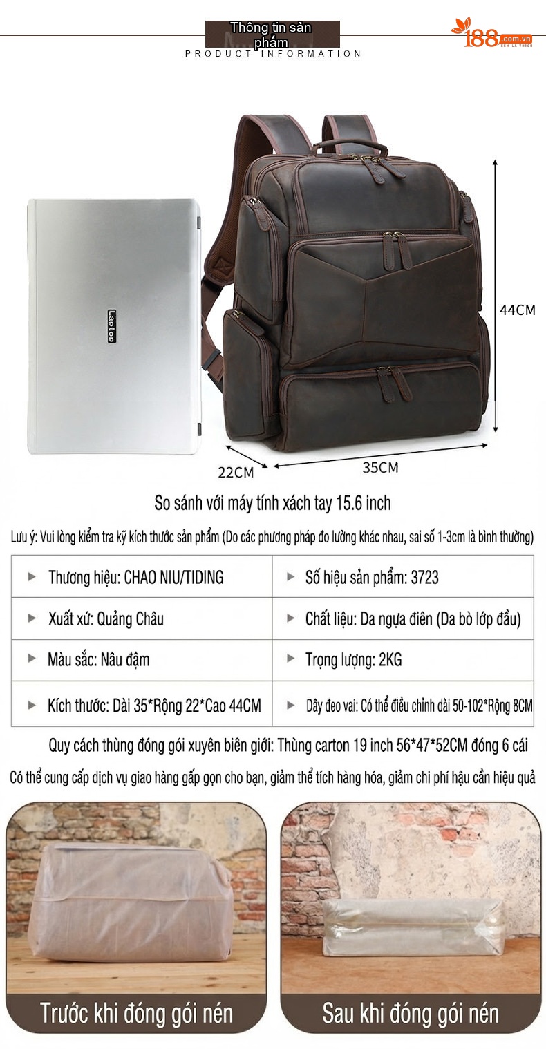 Balo Du Lịch Da Bò Vintage Đựng Laptop Dung Tích Lớn Màu Nâu, Đen chi tiết 3