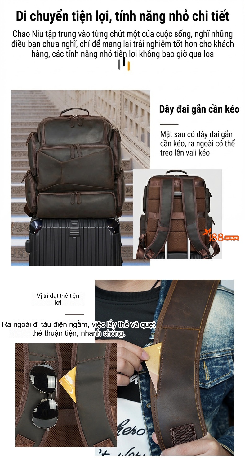 Balo Du Lịch Da Bò Vintage Đựng Laptop Dung Tích Lớn Màu Nâu, Đen chi tiết 11