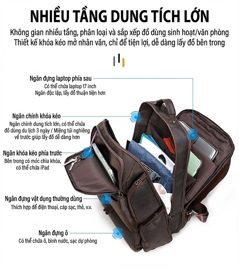 Balo Du Lịch Da Bò Vintage Đựng Laptop Dung Tích Lớn Màu Nâu, Đen chi tiết 6