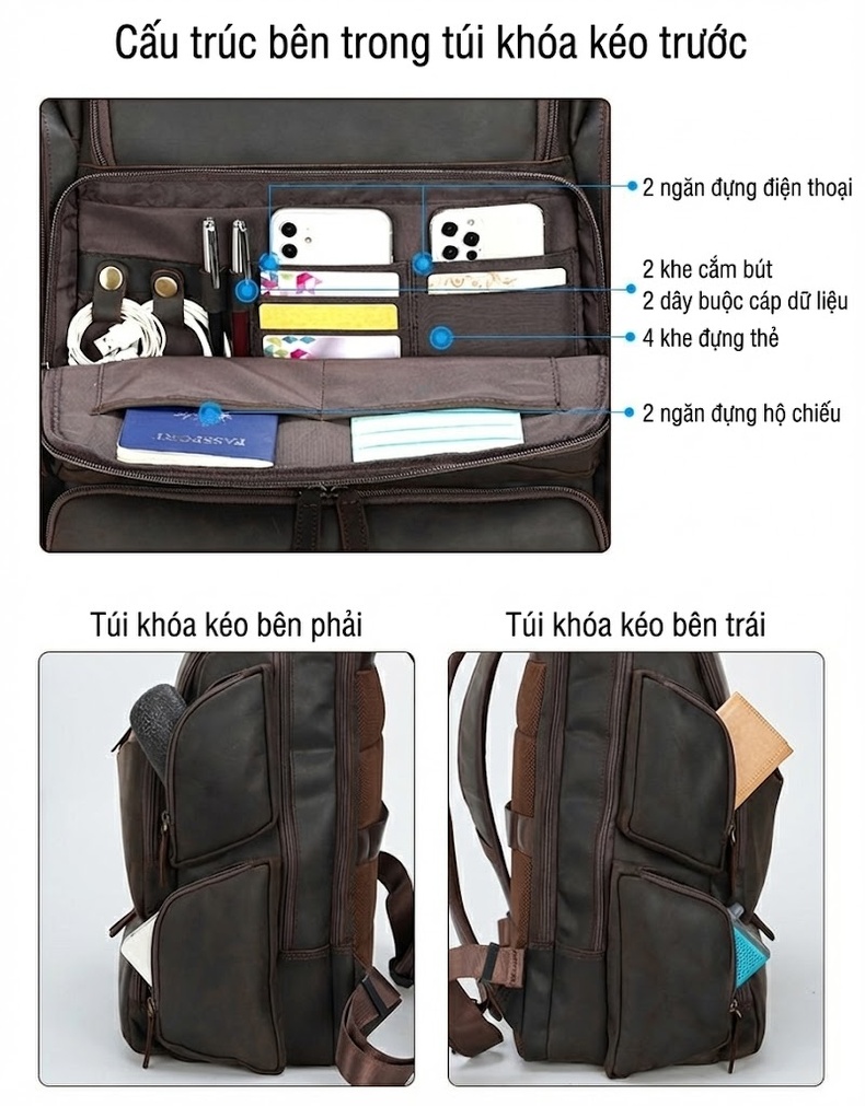 Balo Du Lịch Da Bò Vintage Đựng Laptop Dung Tích Lớn Màu Nâu, Đen chi tiết 8