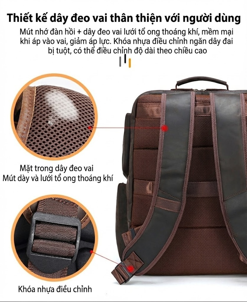 Balo Du Lịch Da Bò Vintage Đựng Laptop Dung Tích Lớn Màu Nâu, Đen chi tiết 12