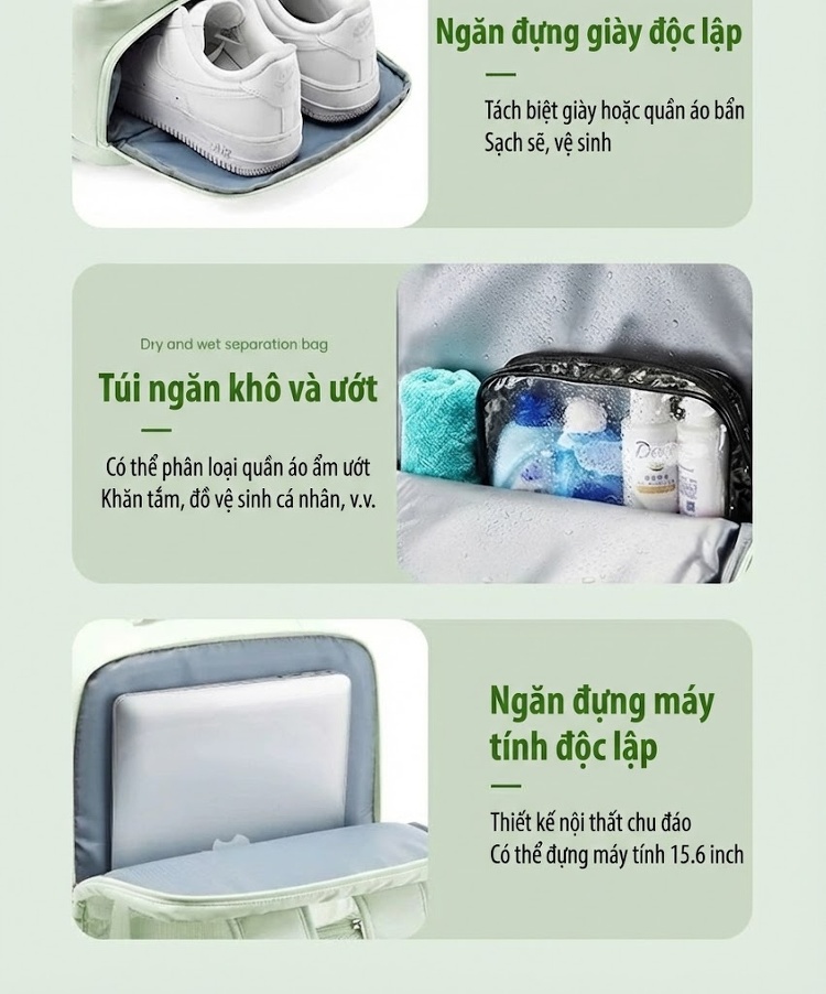 Balo Du Lịch Đa Năng Chống Nước, Gọn Nhẹ, Nhiều Ngăn Màu Đen, Xám, Tím, Xanh Lá Cây... chi tiết 12