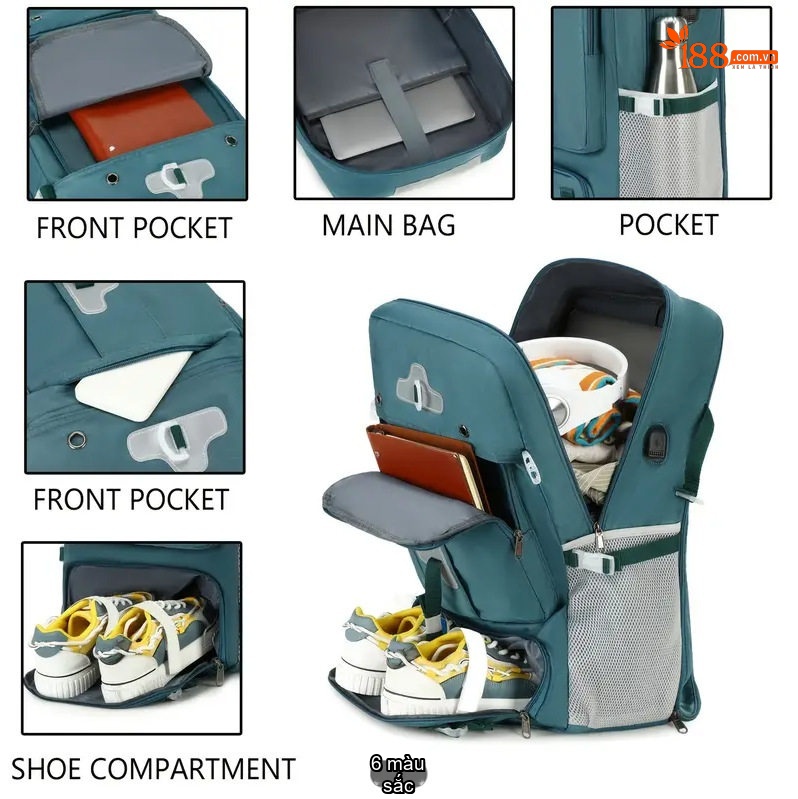 Balo du lịch đa năng chống thấm nước ngăn ướt khô riêng biệt dung tích lớn chi tiết 8