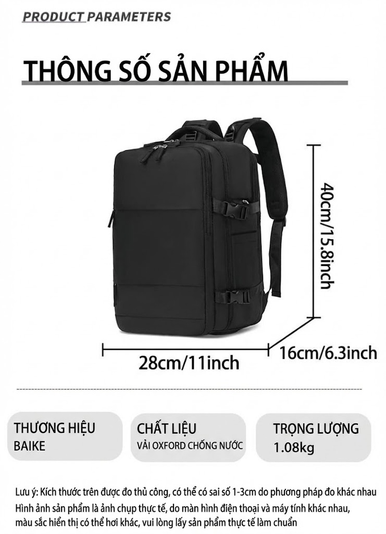 Balo Du Lịch Đa Năng Sức Chứa Lớn Siêu Nhẹ Tiện Lợi Màu Đen, Xanh Lá chi tiết 8