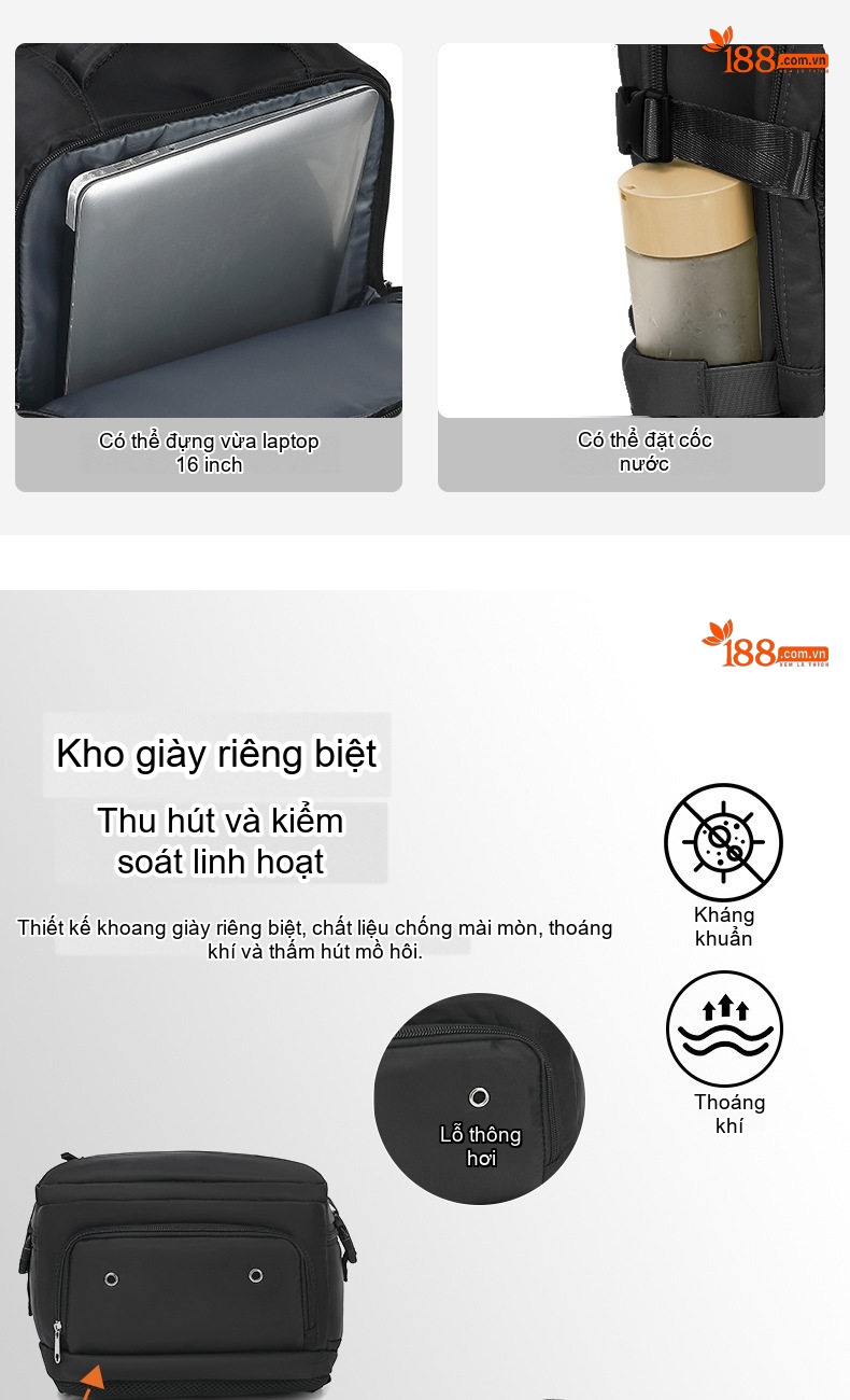 Balo Du Lịch Đa Năng Sức Chứa Lớn Siêu Nhẹ Tiện Lợi Màu Đen, Xanh Lá chi tiết 13