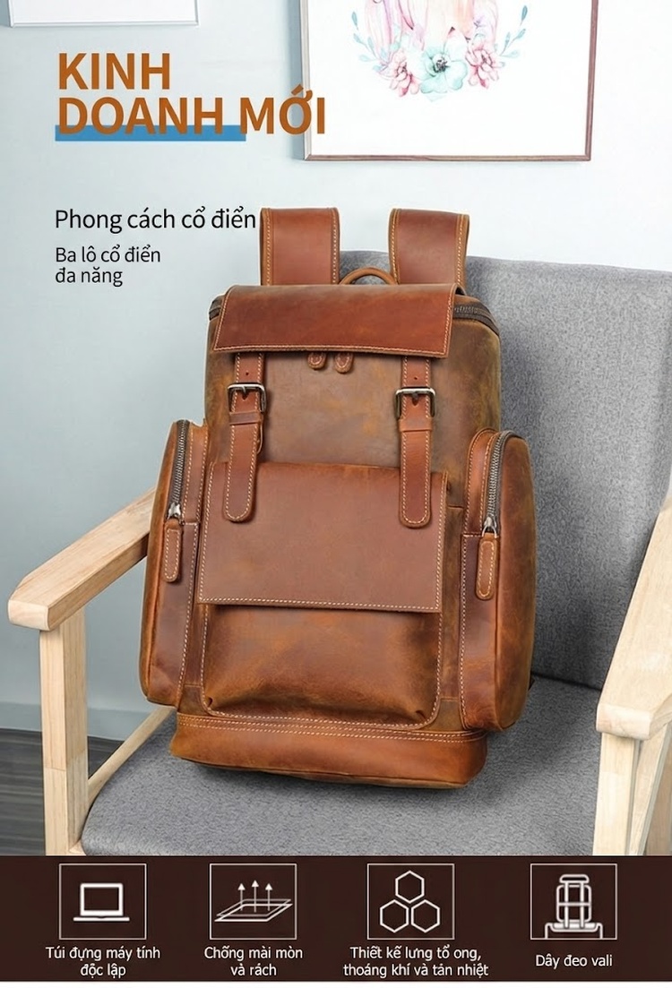 Balo Du Lịch Dã Ngoại Da Thật Phong Cách Retro, Cổ Điển, Đựng Laptop, Dung Tích Lớn Màu Nâu chi tiết 2
