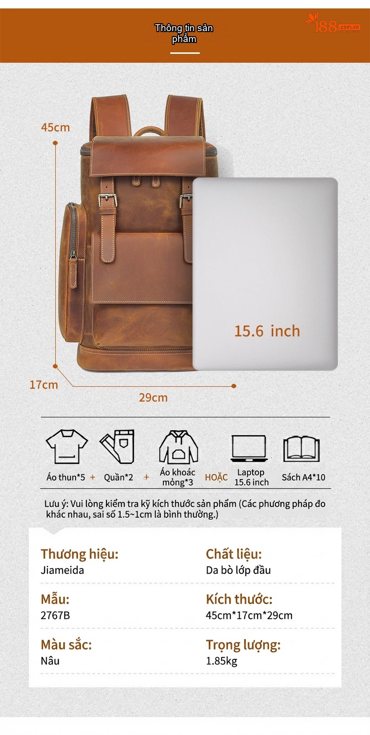 Balo Du Lịch Dã Ngoại Da Thật Phong Cách Retro, Cổ Điển, Đựng Laptop, Dung Tích Lớn Màu Nâu chi tiết 3