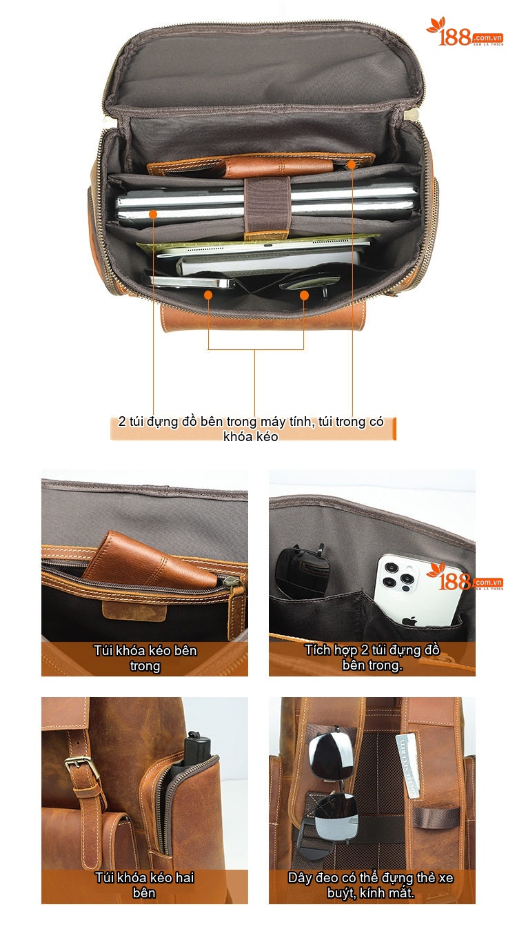 Balo Du Lịch Dã Ngoại Da Thật Phong Cách Retro, Cổ Điển, Đựng Laptop, Dung Tích Lớn Màu Nâu chi tiết 9
