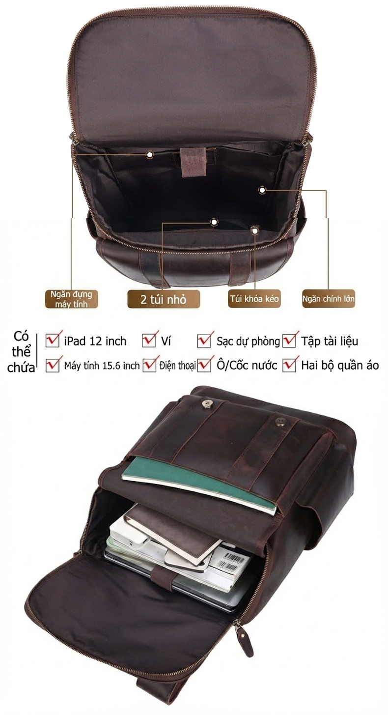 Balo Du Lịch Da Thật Phong Cách Âu Mỹ Retro Sức Chứa Lớn Đựng Laptop Cho Nam Màu Nâu chi tiết 6