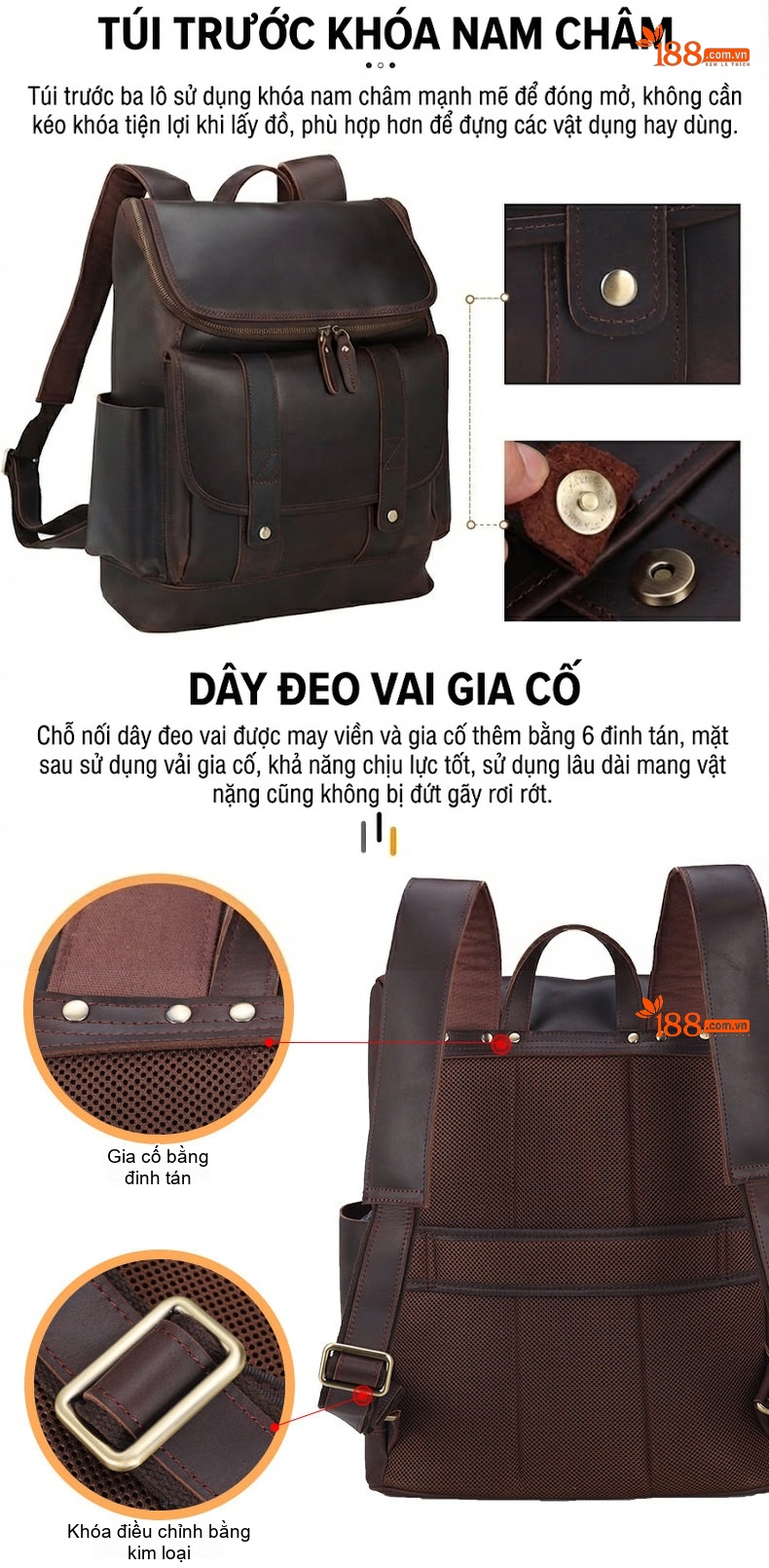 Balo Du Lịch Da Thật Phong Cách Âu Mỹ Retro Sức Chứa Lớn Đựng Laptop Cho Nam Màu Nâu chi tiết 9