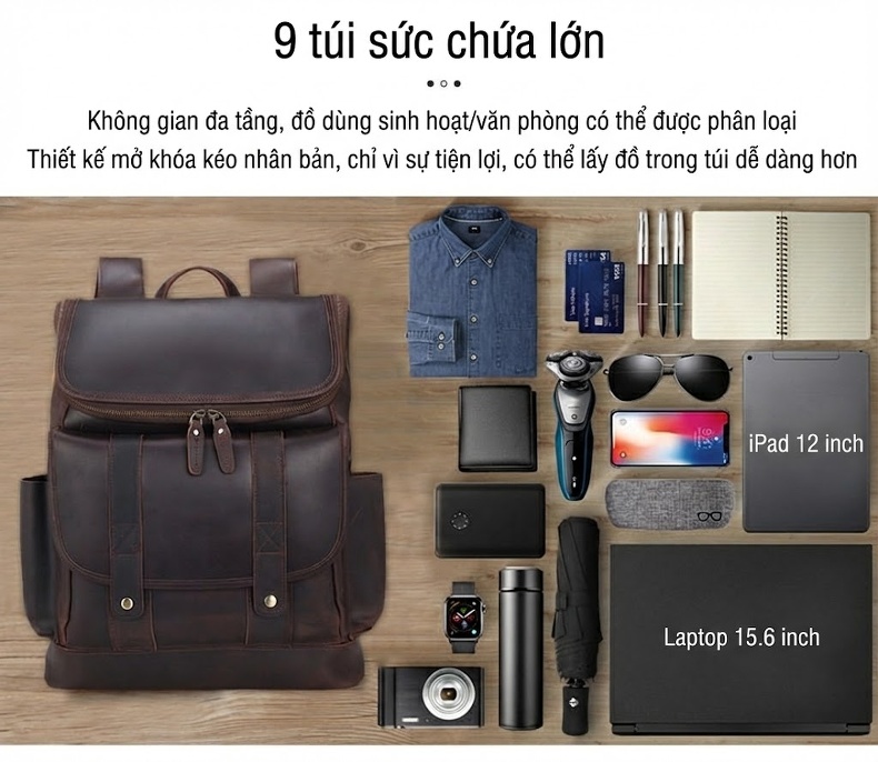 Balo Du Lịch Da Thật Phong Cách Âu Mỹ Retro Sức Chứa Lớn Đựng Laptop Cho Nam Màu Nâu chi tiết 5