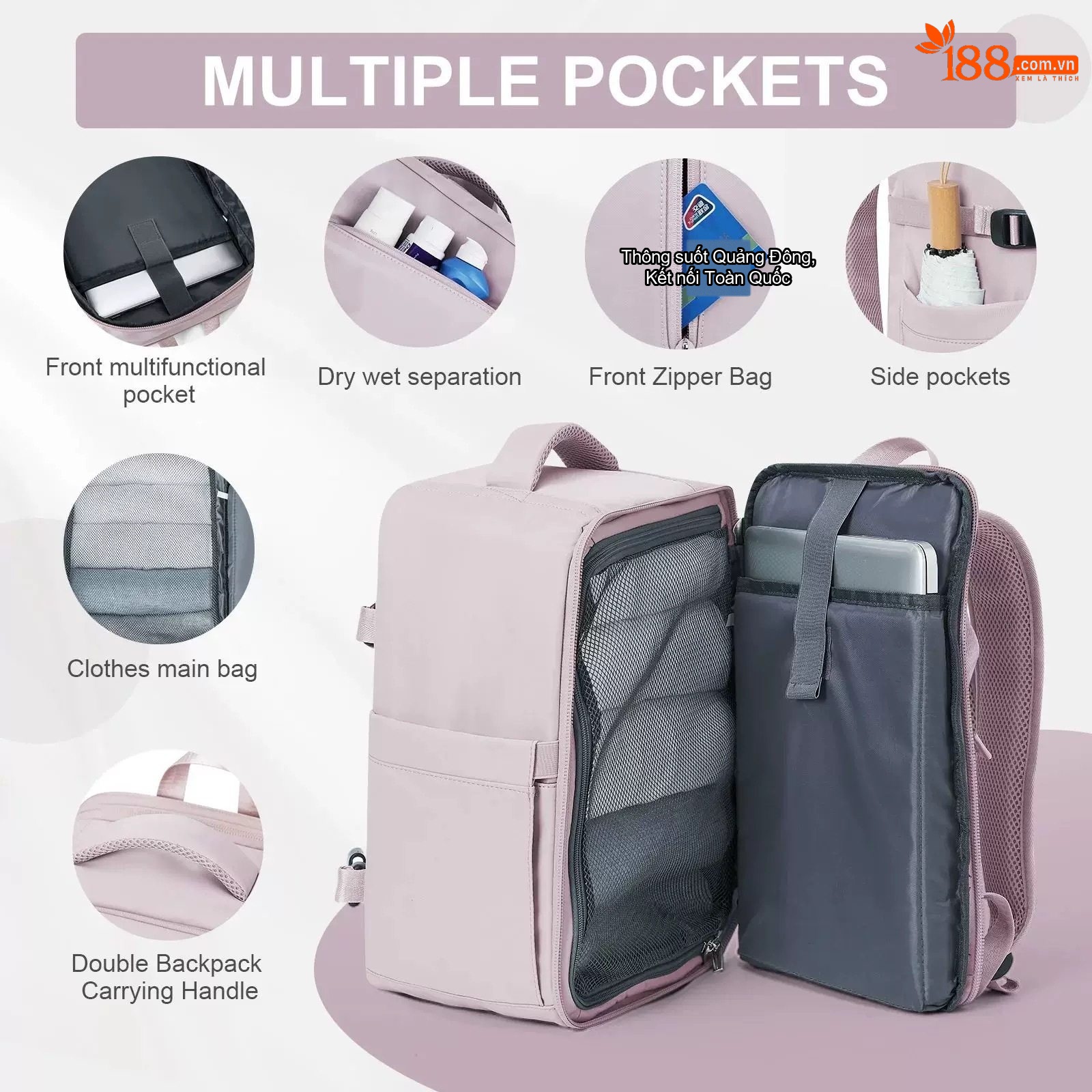 Balo Du Lịch Gọn Nhẹ Chống Thấm Nước Có Ngăn Ướt Khô Riêng Size Cabin 40x25x20cm Màu Hồng