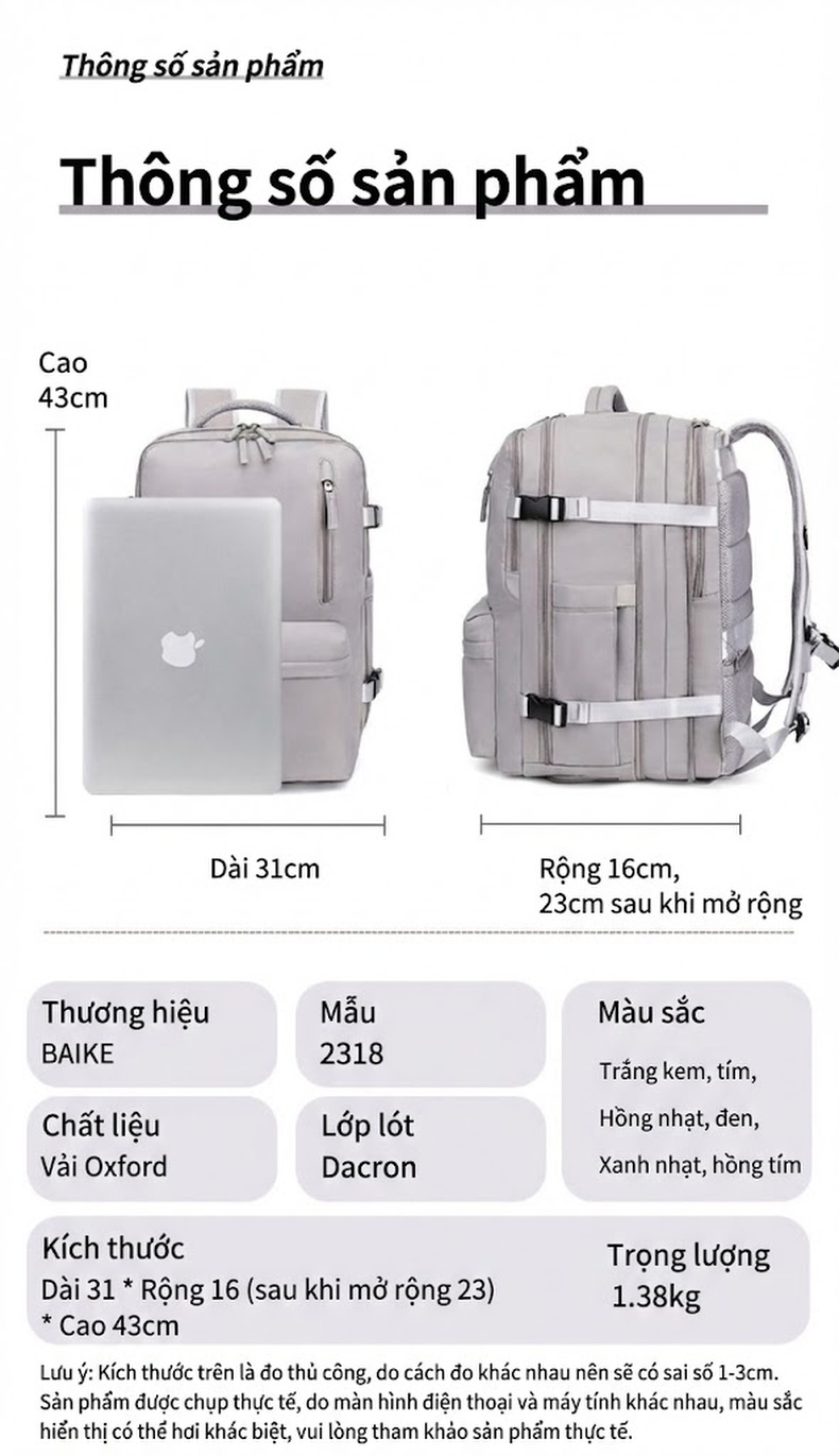 Balo Du Lịch Mở Rộng Đa Năng Chống Nước Sức Chứa Lớn Màu Xanh Rừng Cây, Hồng, Xám chi tiết 19