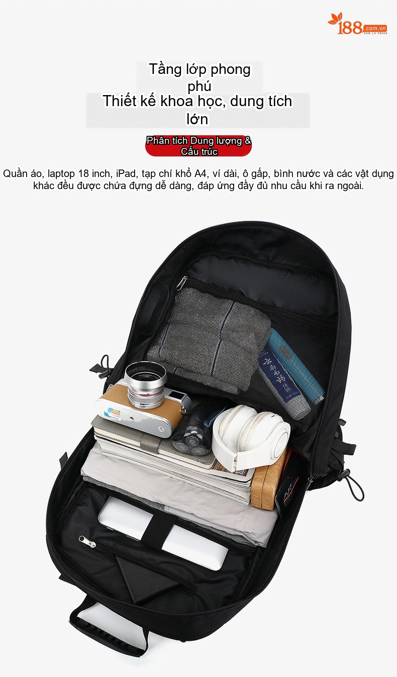 Balo Du Lịch Nam Nữ Chống Thấm Nước Dung Tích Lớn Đựng Laptop Màu Đen, Xanh Dương, Rằn Ri chi tiết 6