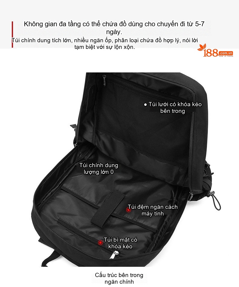 Balo Du Lịch Nam Nữ Chống Thấm Nước Dung Tích Lớn Đựng Laptop Màu Đen, Xanh Dương, Rằn Ri chi tiết 7