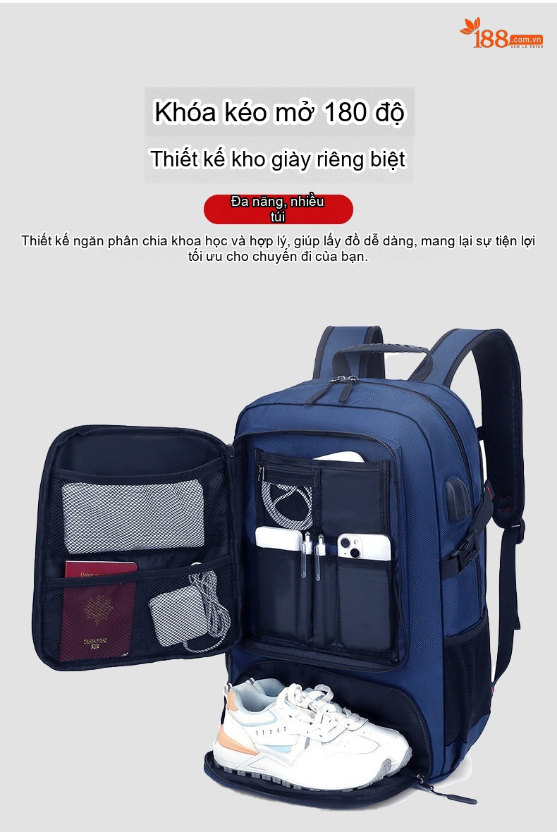Balo Du Lịch Nam Nữ Chống Thấm Nước Dung Tích Lớn Đựng Laptop Màu Đen, Xanh Dương, Rằn Ri chi tiết 9