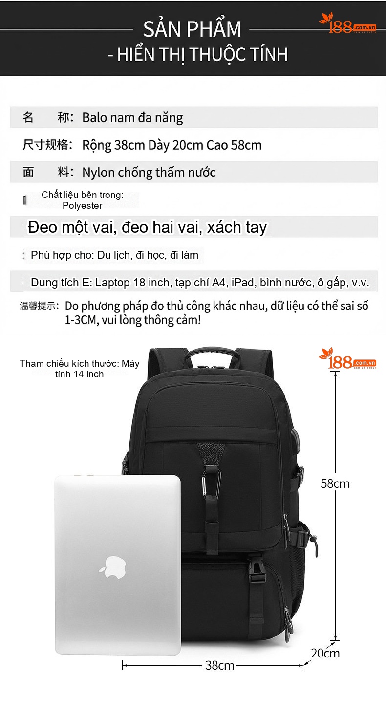 Balo Du Lịch Nam Nữ Chống Thấm Nước Dung Tích Lớn Đựng Laptop Màu Đen, Xanh Dương, Rằn Ri chi tiết 20