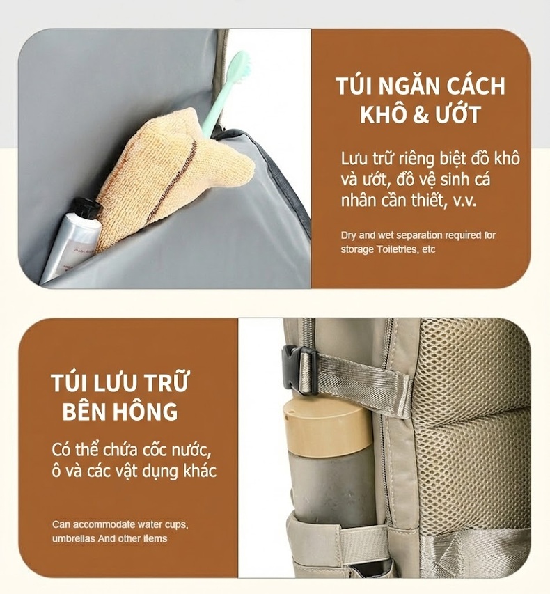 Balo Du Lịch Nữ Đa Năng Chống Sốc Chống Nước Siêu Nhẹ Dung Tích Lớn Màu Xanh Bạc Hà, Xám, Xanh Lam Ngọc Bích, Kem... chi tiết 18