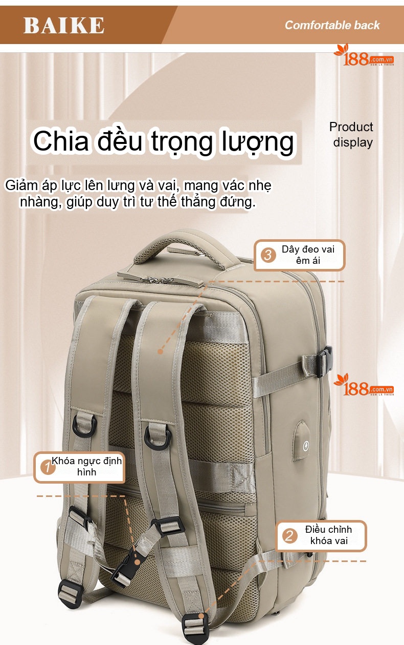 Balo Du Lịch Nữ Đa Năng Chống Sốc Chống Nước Siêu Nhẹ Dung Tích Lớn Màu Xanh Bạc Hà, Xám, Xanh Lam Ngọc Bích, Kem... chi tiết 8