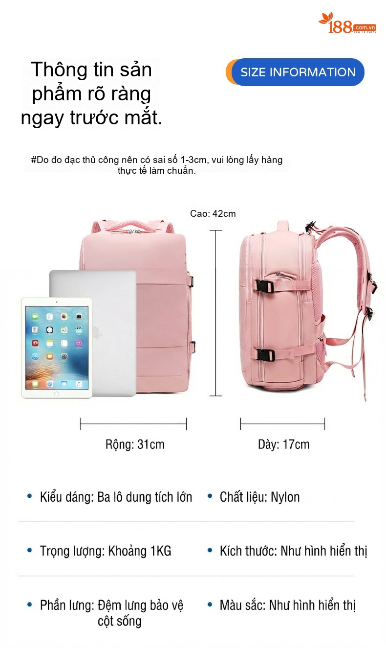 Balo Du Lịch Nữ Đa Năng Chống Sốc Chống Nước Siêu Nhẹ Dung Tích Lớn Màu Xanh Bạc Hà, Xám, Xanh Lam Ngọc Bích, Kem... chi tiết 17