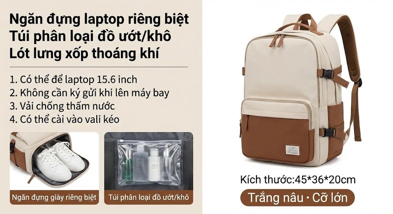 Balo Du Lịch Nữ Siêu Lớn Đa Năng Chống Nước Màu Trắng Ngà, Nâu, Xanh Dương