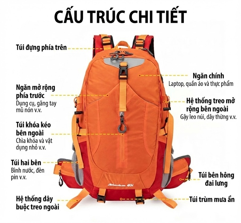 Balo Du Lịch Thể Thao Leo Núi Chống Thấm Nước Màu Đen, Xanh Lá Cây, Đỏ, Vàng... chi tiết 6
