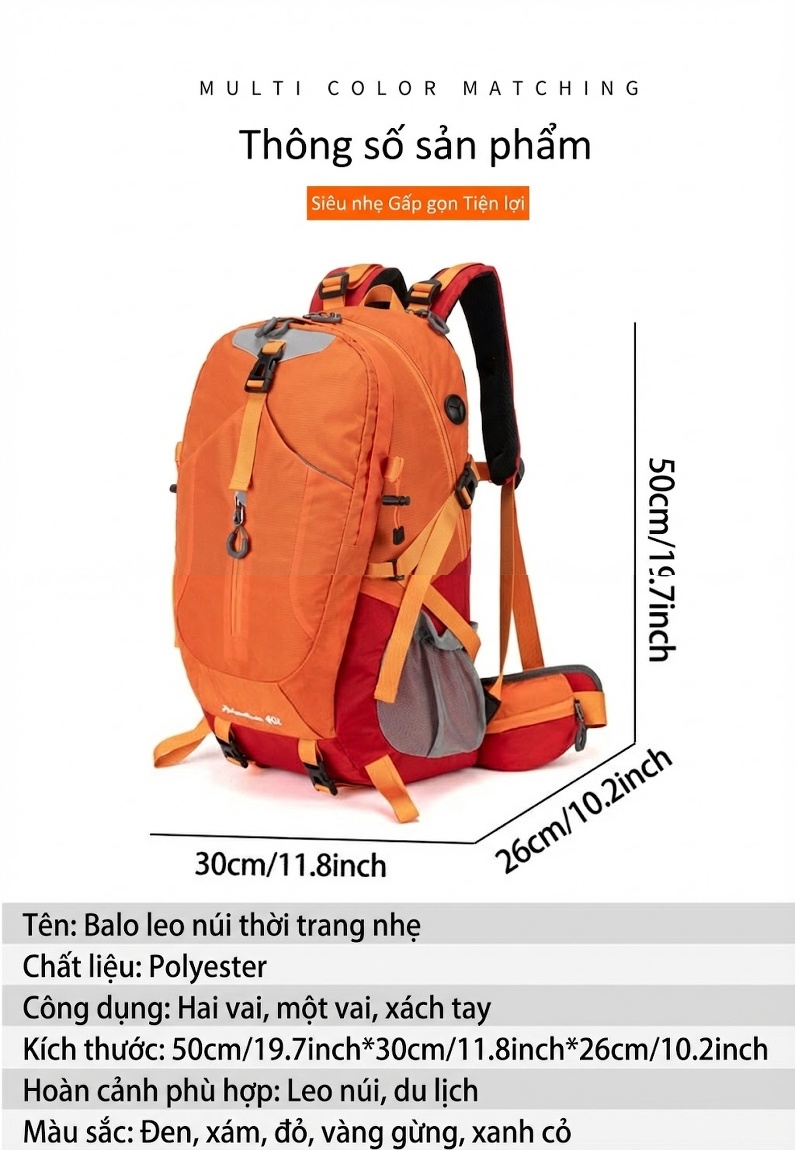Balo Du Lịch Thể Thao Leo Núi Chống Thấm Nước Màu Đen, Xanh Lá Cây, Đỏ, Vàng... chi tiết 14