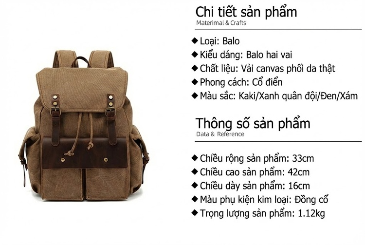 Balo Du Lịch Vải Canvas Chống Mòn Phong Cách Retro Màu Nâu, Xanh, Xám, Đen... chi tiết 4