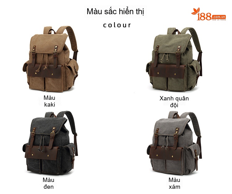 Balo Du Lịch Vải Canvas Chống Mòn Phong Cách Retro Màu Nâu, Xanh, Xám, Đen... chi tiết 5