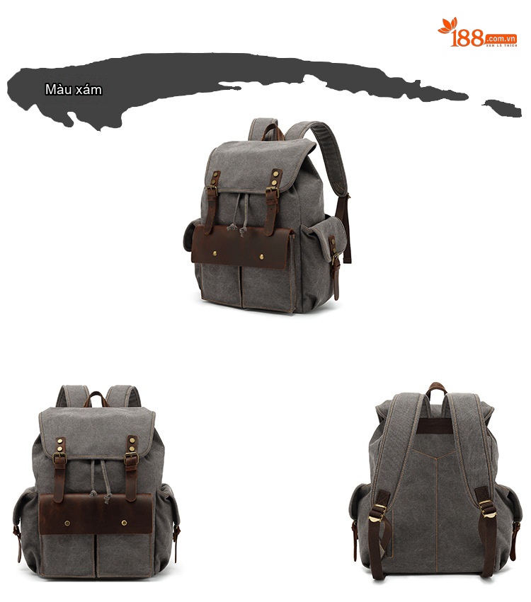 Balo Du Lịch Vải Canvas Chống Mòn Phong Cách Retro Màu Nâu, Xanh, Xám, Đen... chi tiết 10