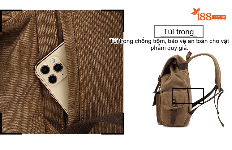 Balo Du Lịch Vải Canvas Chống Mòn Phong Cách Retro Màu Nâu, Xanh, Xám, Đen... chi tiết 13