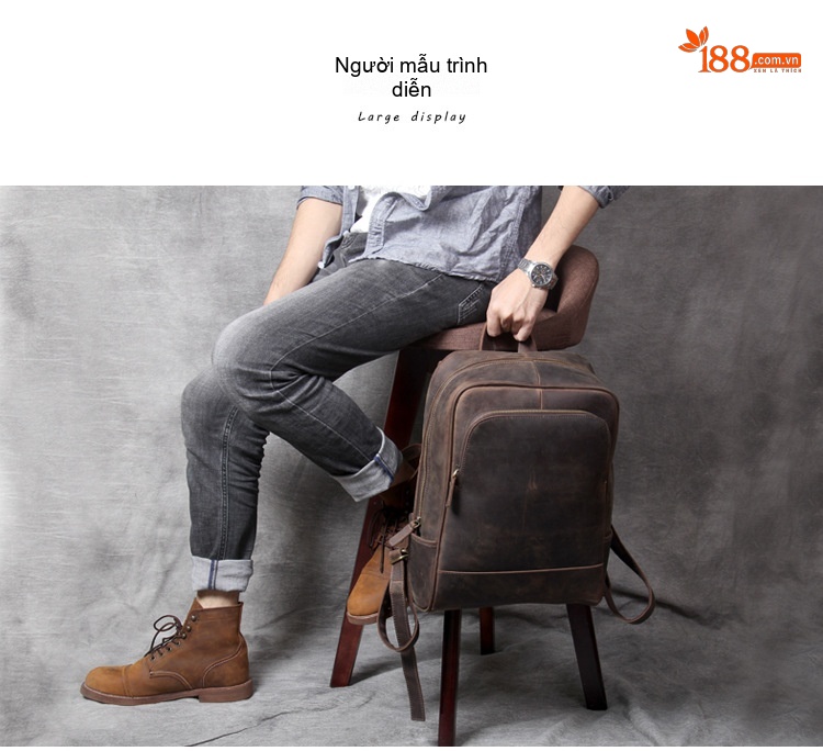 Balo Đựng Laptop Nam Da Bò Thủ Công Vintage Phong Cách Bụi Bặm Màu Nâu chi tiết 3