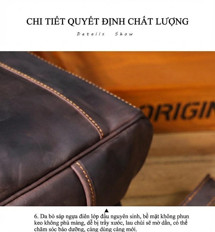Balo Đựng Laptop Nam Da Bò Thủ Công Vintage Phong Cách Bụi Bặm Màu Nâu chi tiết 13
