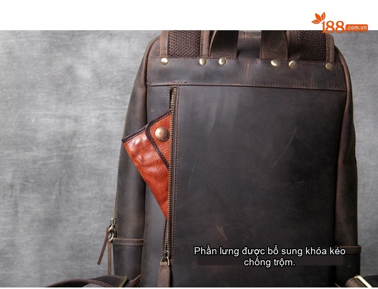 Balo Đựng Laptop Nam Da Bò Thủ Công Vintage Phong Cách Bụi Bặm Màu Nâu chi tiết 29