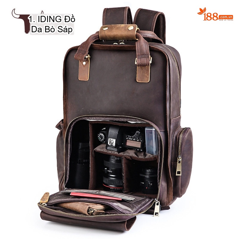 Balo Đựng Máy Ảnh Da Bò Sáp Ngoài Trời Phong Cách Âu Mỹ, Túi Đeo Vai Du Lịch Chống Sốc, Nội Thất Có Thể Tháo Rời Màu Nâu