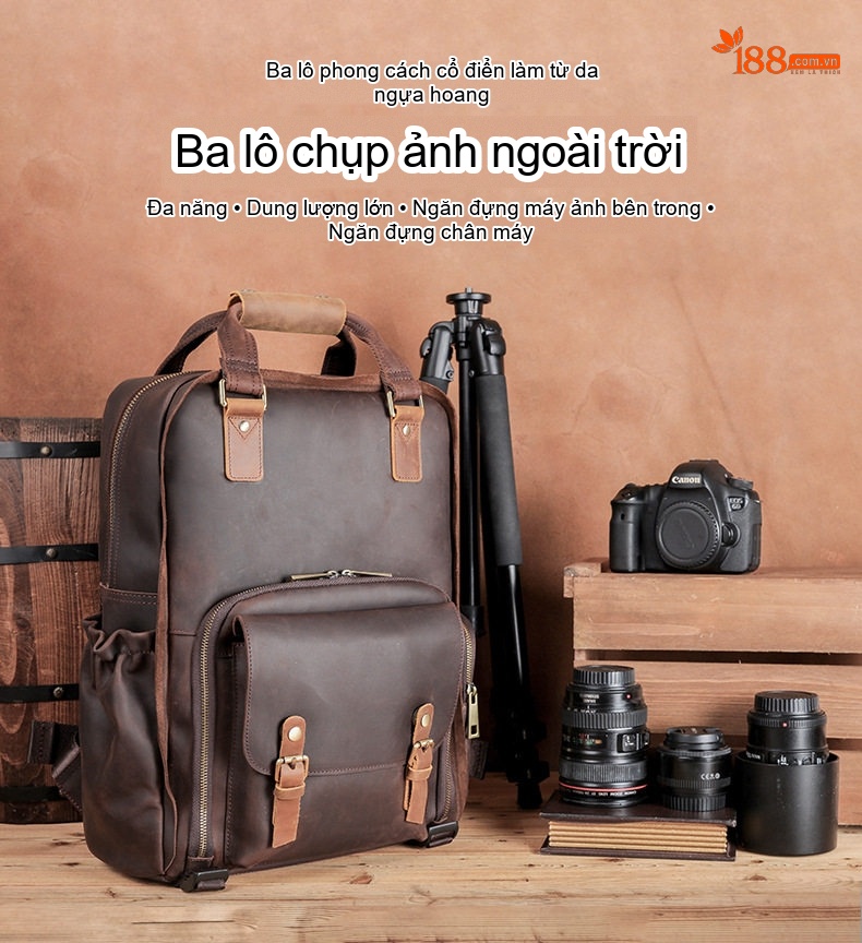 Balo Đựng Máy Ảnh Da Bò Sáp Ngoài Trời Phong Cách Âu Mỹ, Túi Đeo Vai Du Lịch Chống Sốc, Nội Thất Có Thể Tháo Rời Màu Nâu chi tiết 3