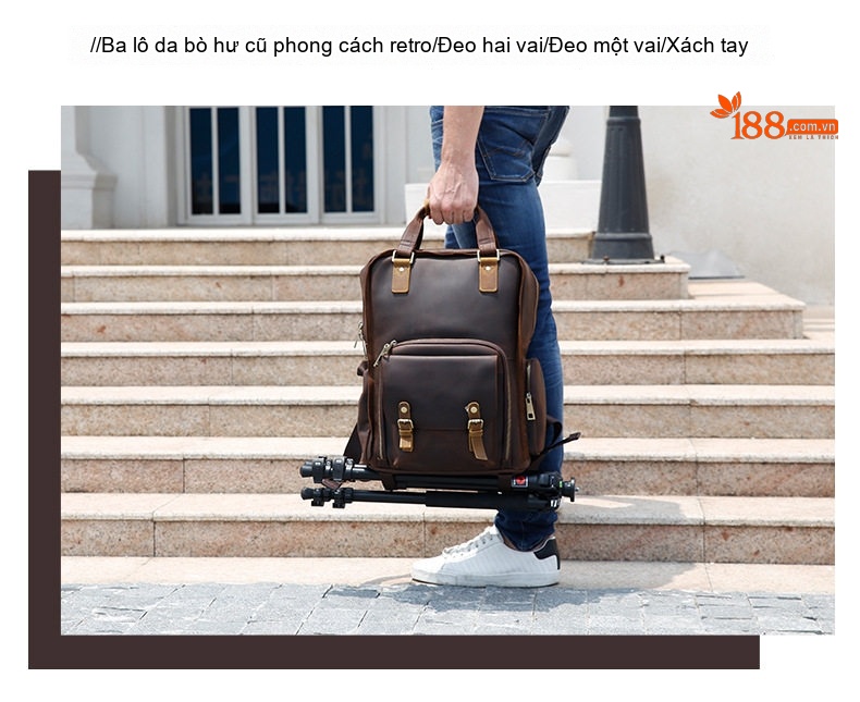 Balo Đựng Máy Ảnh Da Bò Sáp Ngoài Trời Phong Cách Âu Mỹ, Túi Đeo Vai Du Lịch Chống Sốc, Nội Thất Có Thể Tháo Rời Màu Nâu chi tiết 6