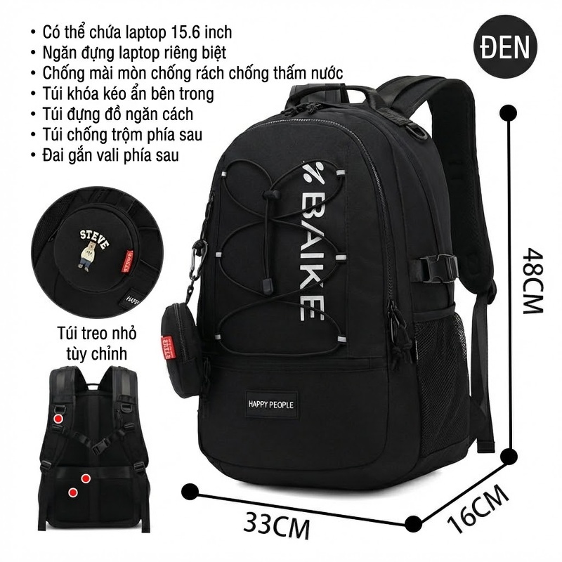 Balo Học Sinh Cấp 2, Cấp 3 Chống Nước Chống Trộm Đa Năng Đi Học, Du Lịch Màu Đen, Khaki