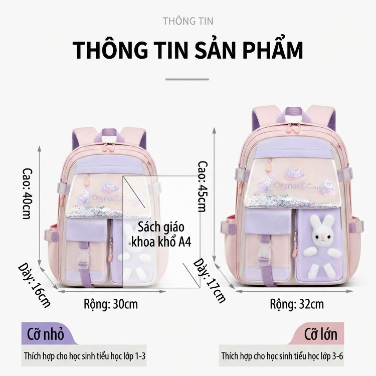 Balo Học Sinh Tiểu Học Chống Thấm Nước Hình Thỏ Dễ Thương Màu Hồng, Xanh Dương, Tím