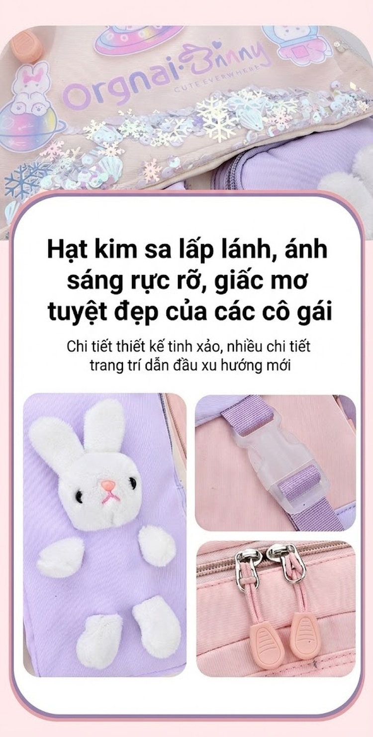 Balo Học Sinh Tiểu Học Chống Thấm Nước Hình Thỏ Dễ Thương Màu Hồng, Xanh Dương, Tím chi tiết 8